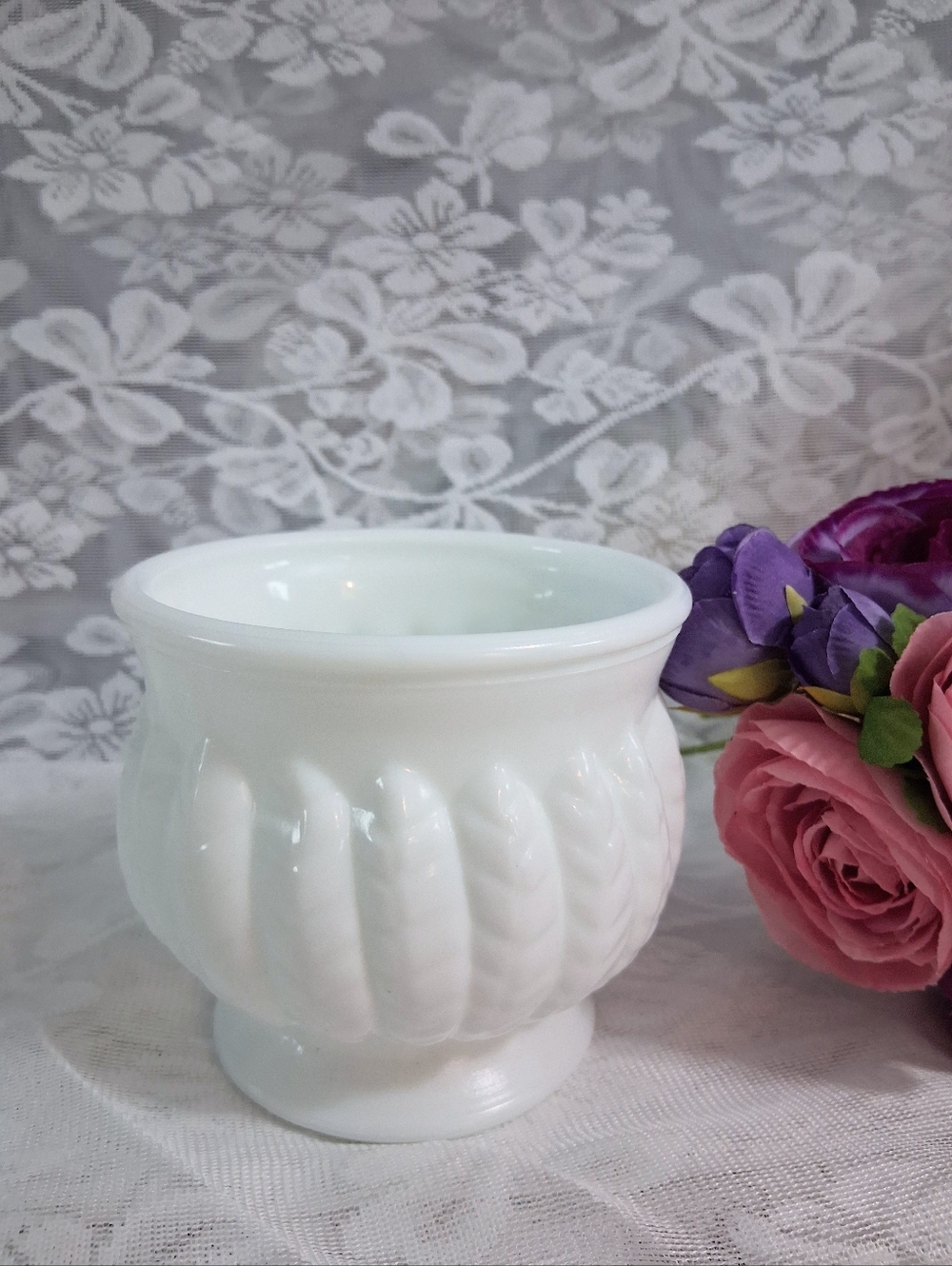 Vintage Randall Milk Glass Planter Vase Feather Wheat Footed Bowl White